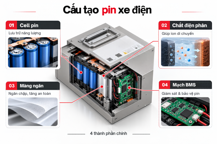 Cấu tạo bộ pin xe điện gồm cell pin v&agrave; mạch quản l&yacute; BMS
