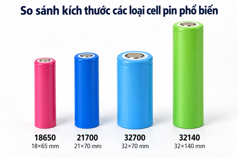 C&aacute;c k&iacute;ch thước cell pin xe điện phổ biến 18650 21700 v&agrave; 32140